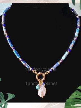 🌹HP🌹Just in💕 NEW Blue Natural Stone Long Heishi Necklace w Real Genuine Pearl